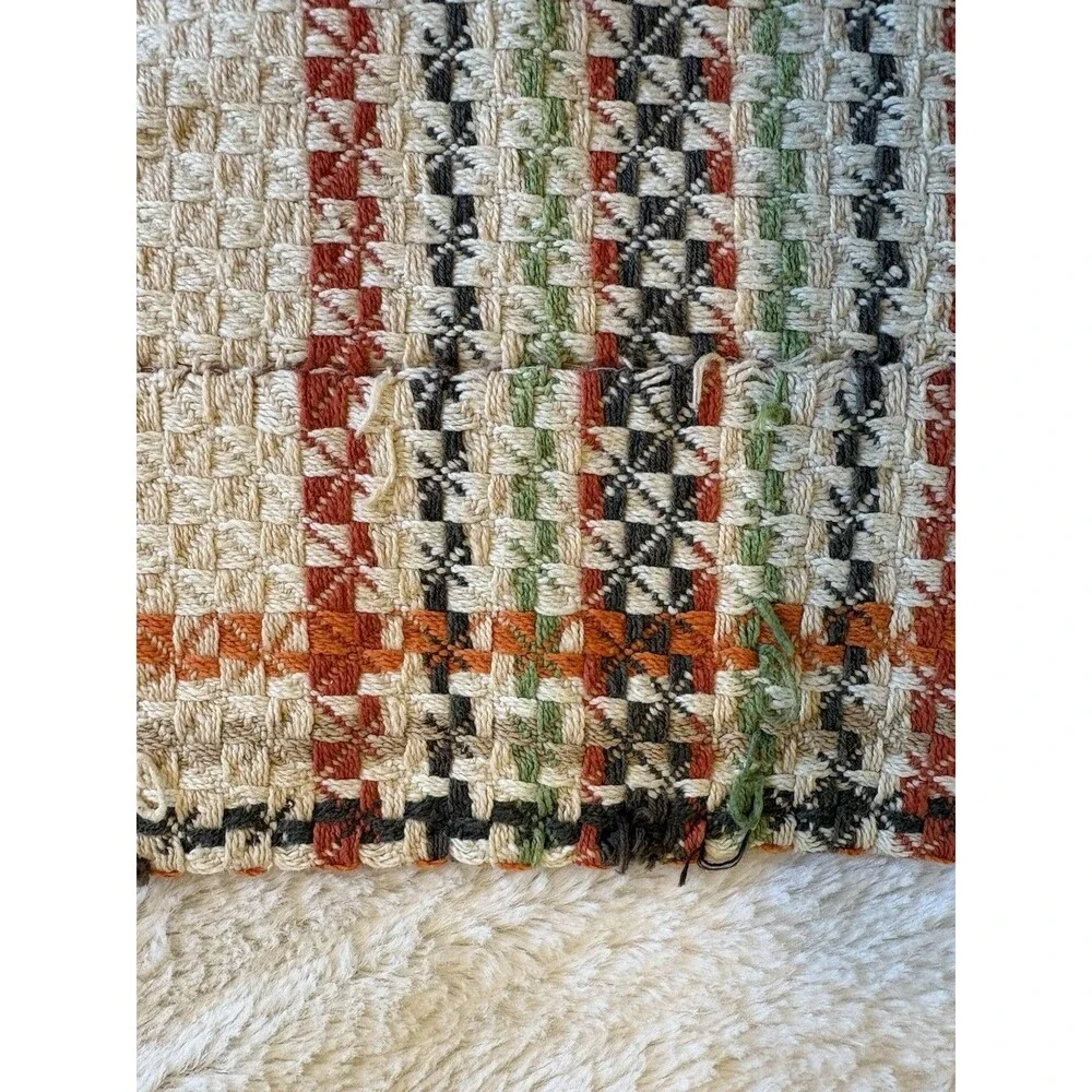 Vintage Woven Remnants Fabric Orange Yellow Green Brown Plaid MCM 2 Pieces